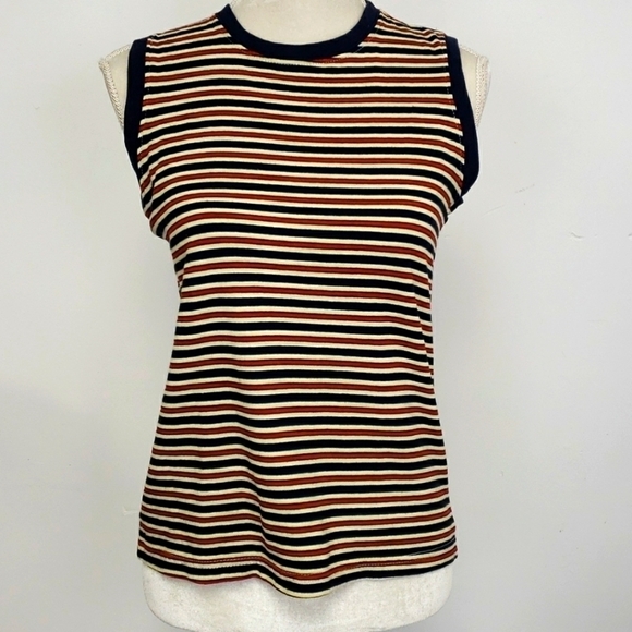 Vintage  Bugle Boy for Her Sleeveless Top M Striped Cotton Navy Red Yellow VGUC - Picture 1 of 10